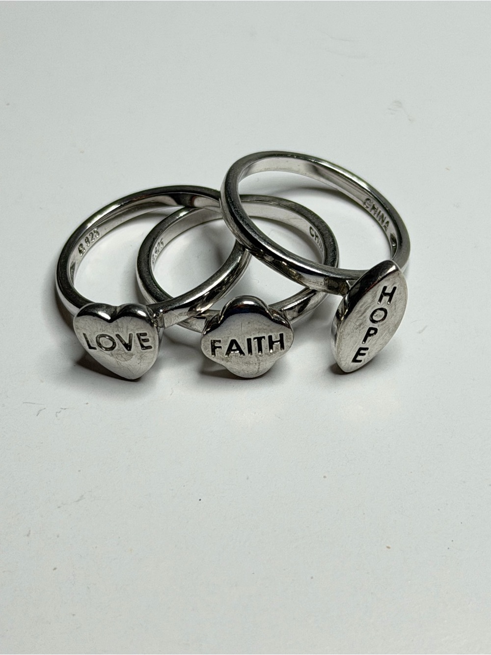 Love Faith Hope Sterling Silver Sentiment Rings - Set of 3